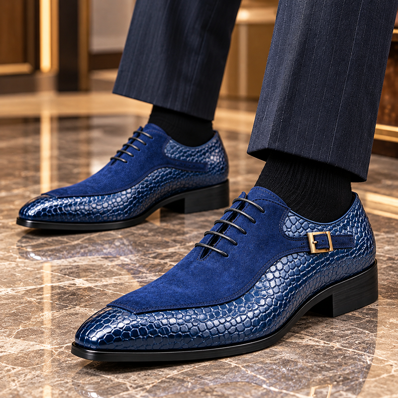 Men’s Blue Suede & Embossed Leather Lace-Up Dress Shoes