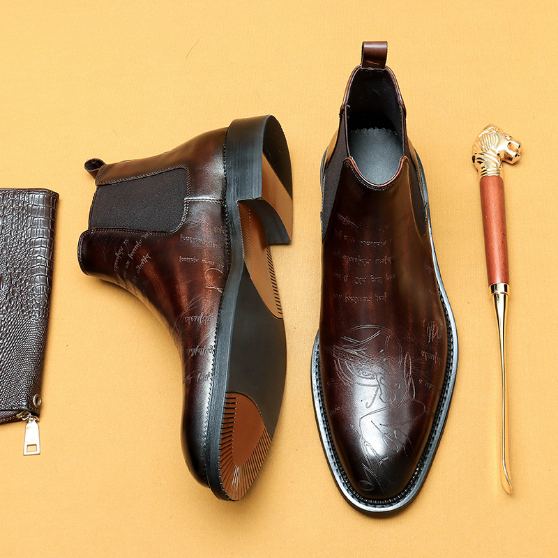 Men's Genuine Leather Brogue-detailed Fleece-lined Chelsea Boots