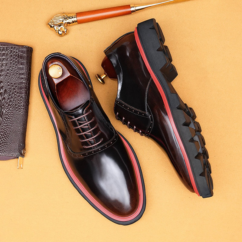 Men's Genuine Leather Glossy Thick-Sole Casual Brogue Derby Shoes