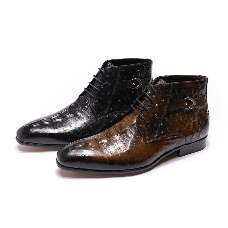 Men's Genuine Leather Ostrich Pattern Lace-Up Ankle Boots