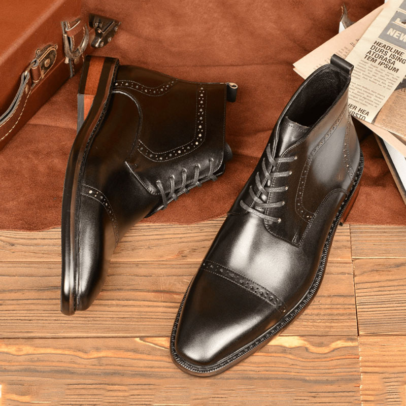 Men's Genuine Leather Retro Pointed-Toe Brogue Martin Boots