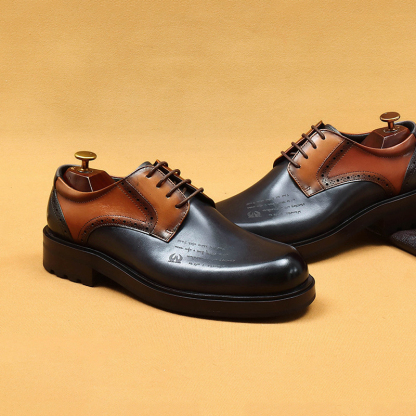 Men's Full-Grain Leather Thick-Soled Non-Slip Letter-Printed Leather Shoes