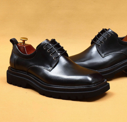 Men's Genuine Leather Square Toe Thick Sole Derby Shoes