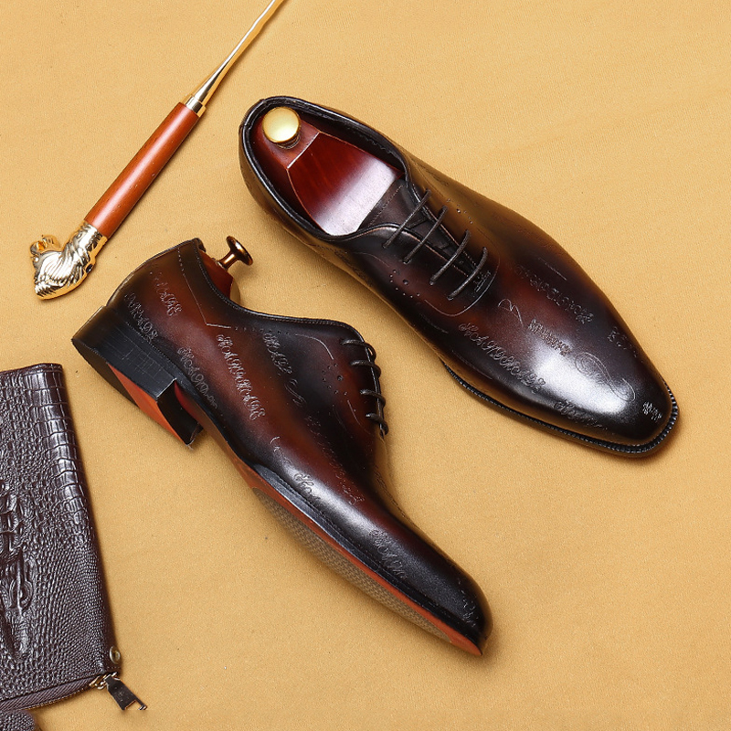 Men's Full-Grain Leather Formal Pointed-Toe Letter-Printed Oxford Shoes