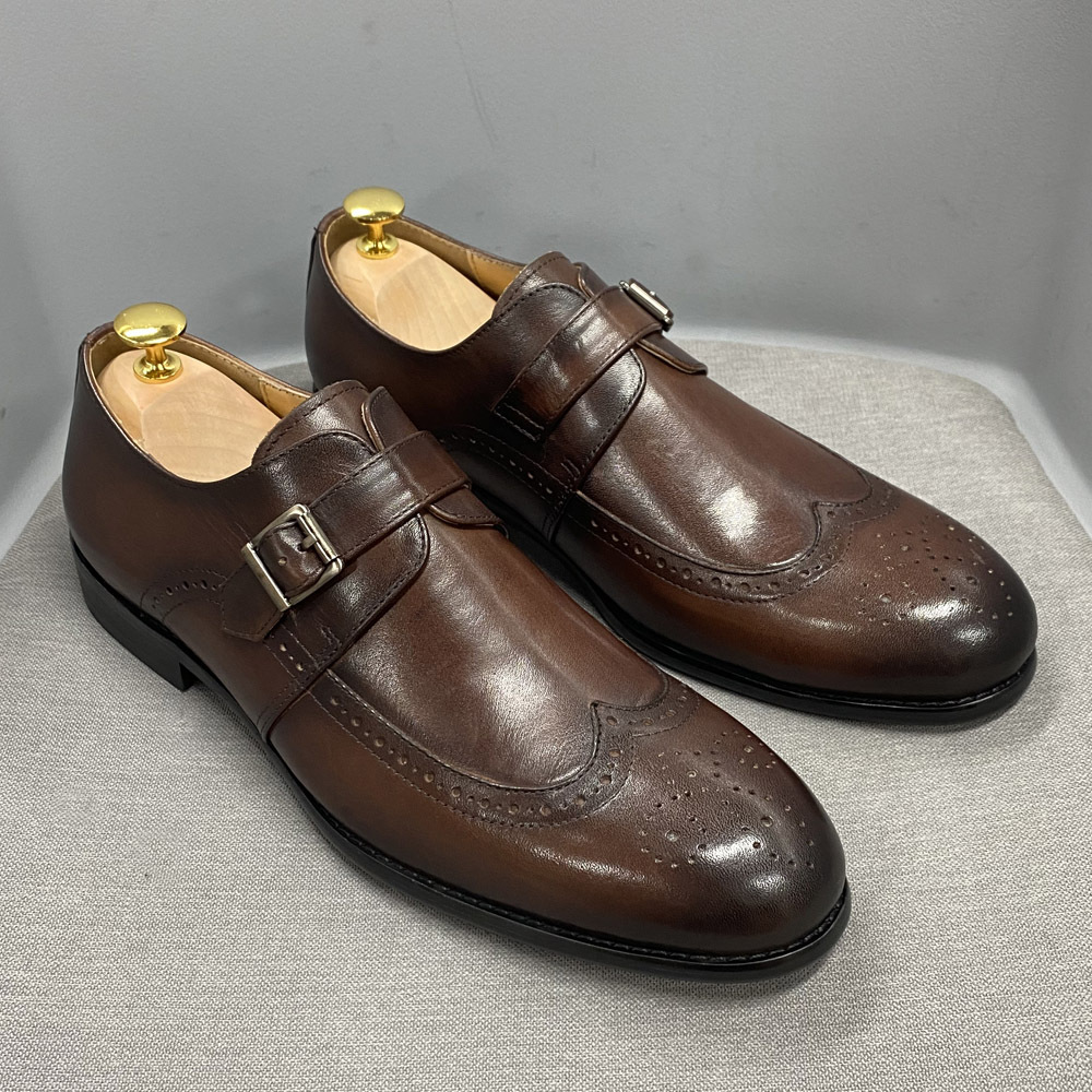 Men's Genuine Leather Brogue-Detailed Monk Shoes