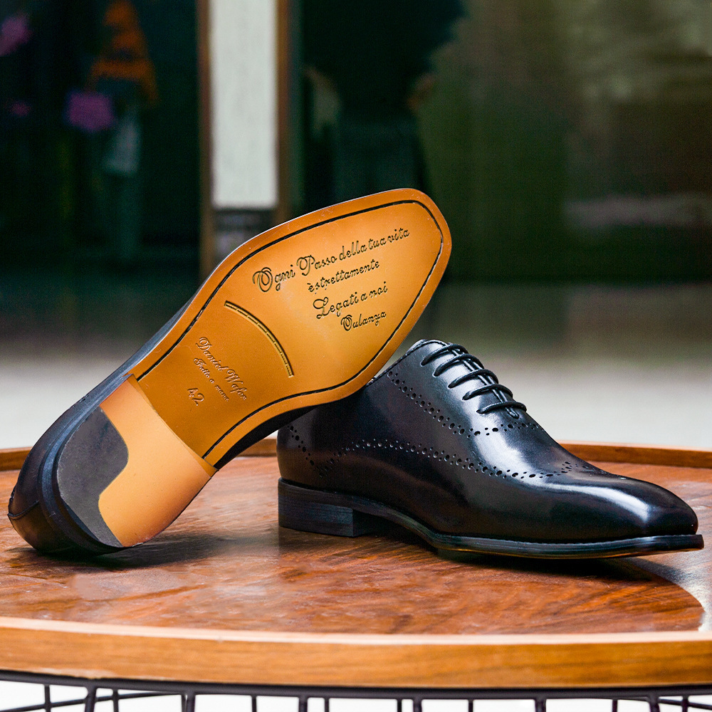 Men's Hand-Burnished Genuine Leather Brogued Formal Square-Toe Oxford Shoes