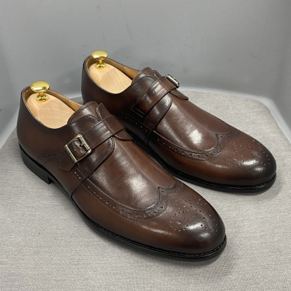 Men's Genuine Leather Brogue-Detailed Monk Shoes