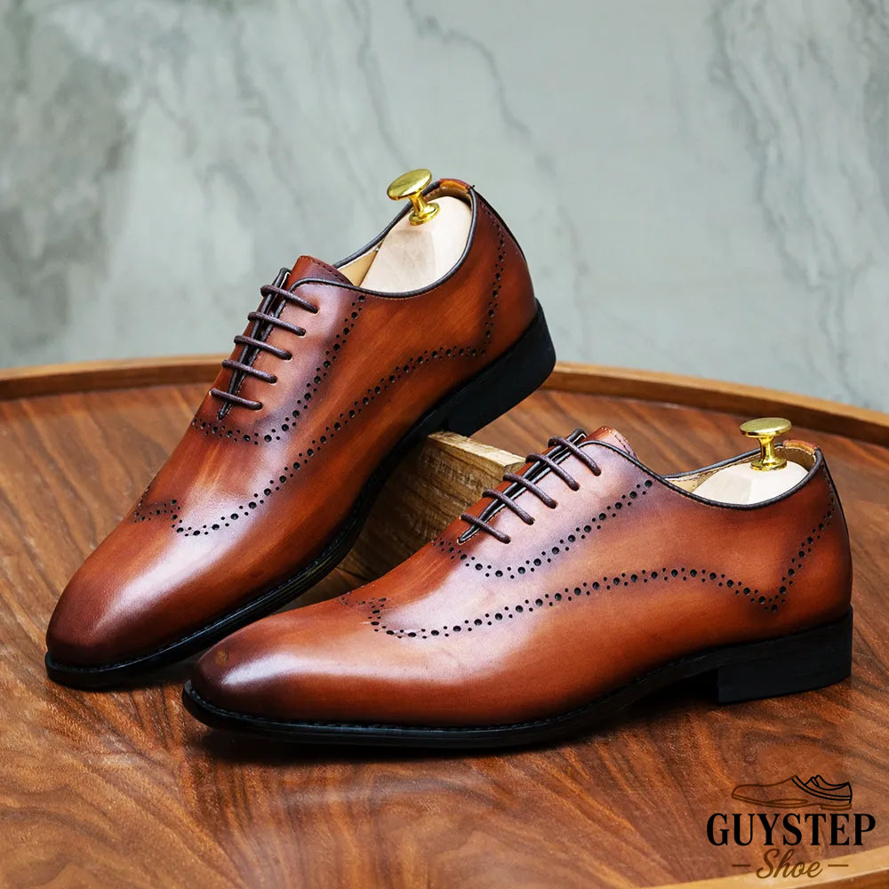 GUYSTEP™ Men's Hand-Burnished Genuine Leather Brogued Formal Single-Piece Oxford Shoes