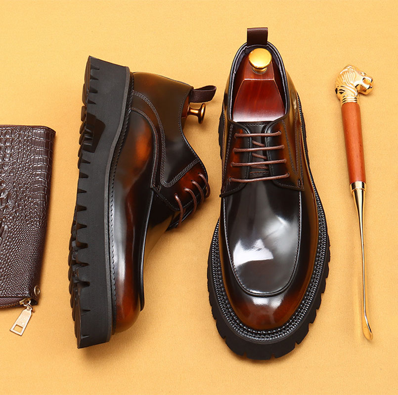 Men's Genuine Leather Round-Toe Platform Elevated Derby Shoes