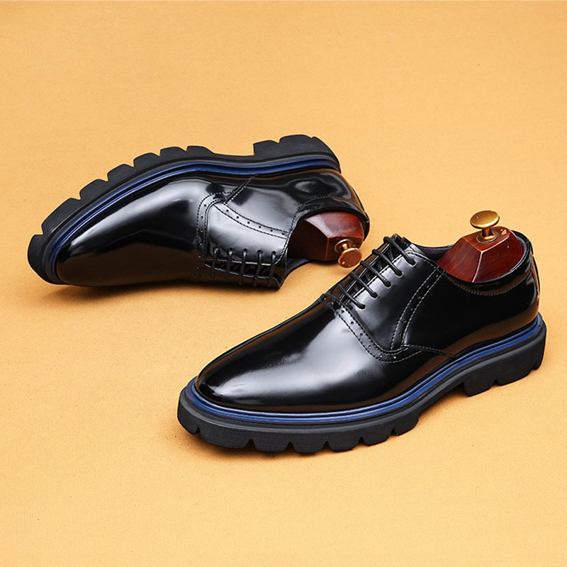 Men's Genuine Leather Glossy Thick-Sole Casual Brogue Derby Shoes