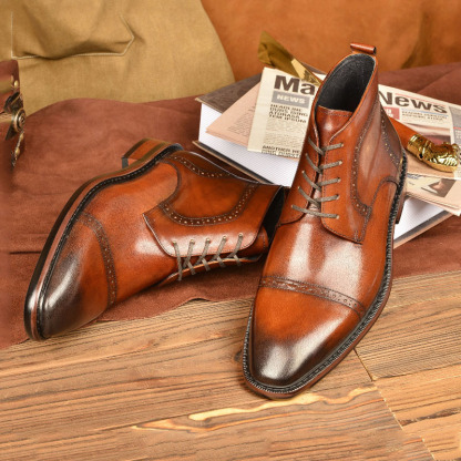 Men's Genuine Leather Retro Pointed-Toe Brogue Martin Boots
