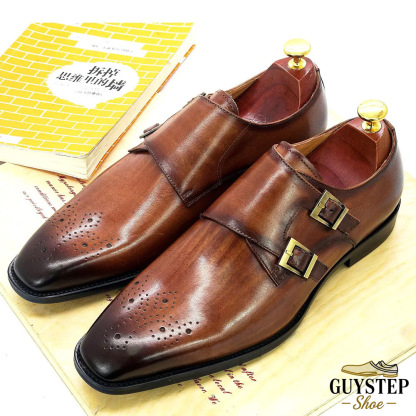 GUYSTEP™ Men's Genuine Leather Double-Buckle Brogue-Detailed Monk Shoes