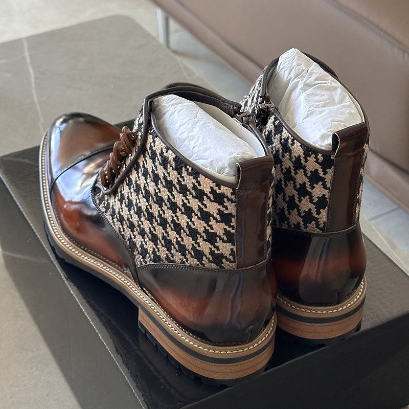 Men's Houndstooth Button Chelsea Boots, Vintage British Style Genuine Leather Patchwork Boots