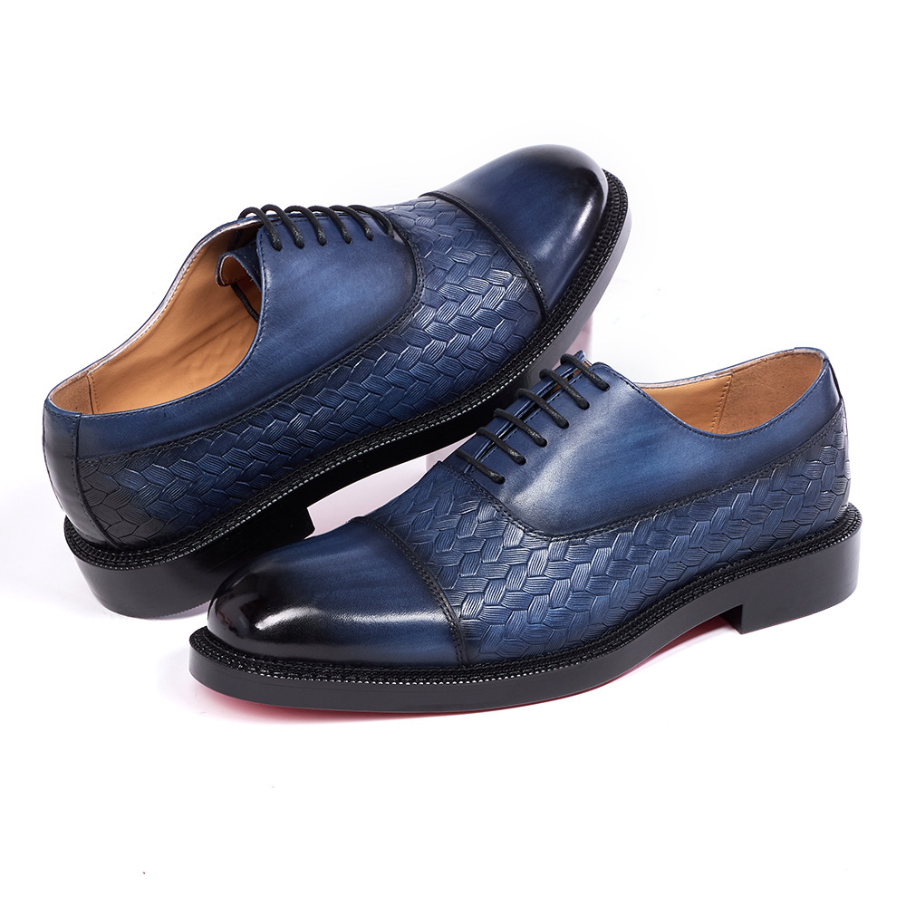 Men's Genuine Leather Woven Texture Patent Leather Cap-Toe Business Formal Oxford Shoes