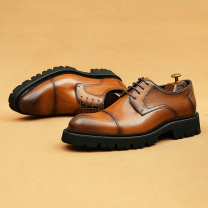 Men's Genuine Leather Distressed Burnished Platform Business-Casual Derby Shoes