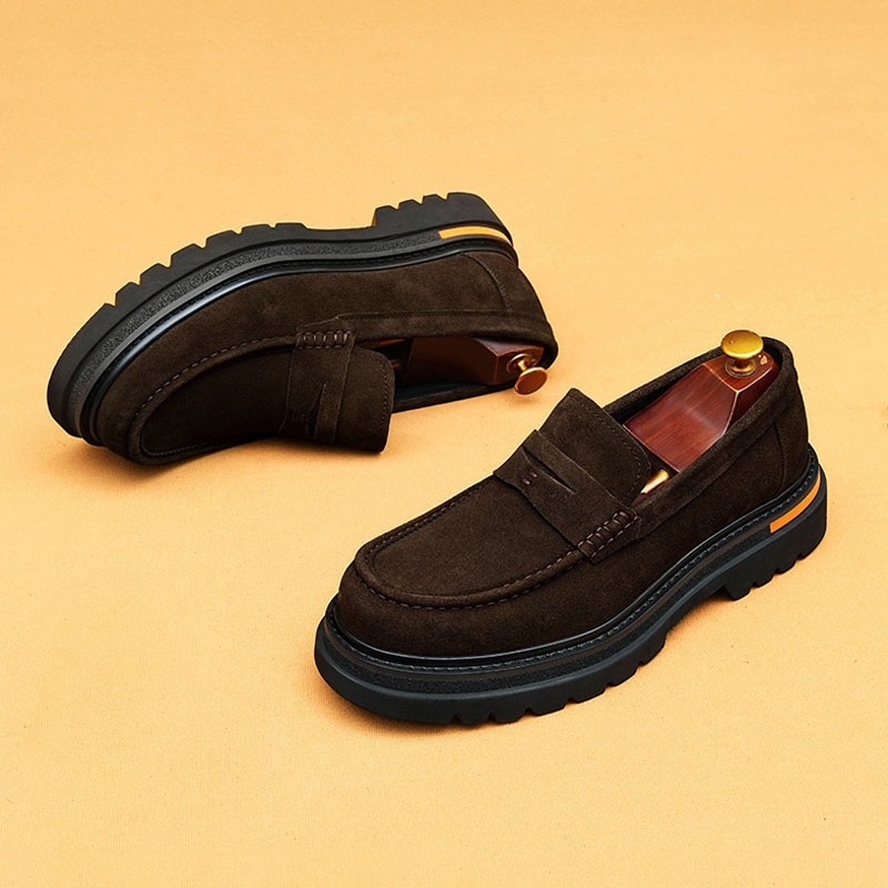 Men's Full-Grain Leather Suede Non-Slip Platform Casual Loafer Shoes