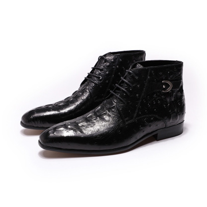 Men's Genuine Leather Ostrich Pattern Lace-Up Ankle Boots