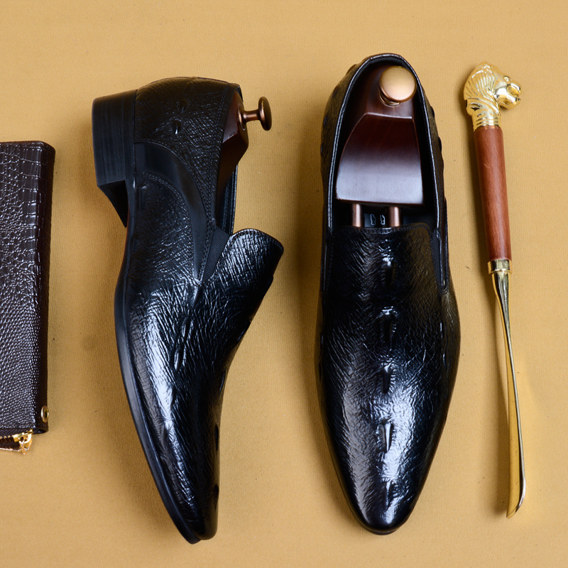 Men's Crocodile Embossed Leather Loafers, Pointed Toe Slip-On Formal Dress Shoes in Black / Coffee Brown