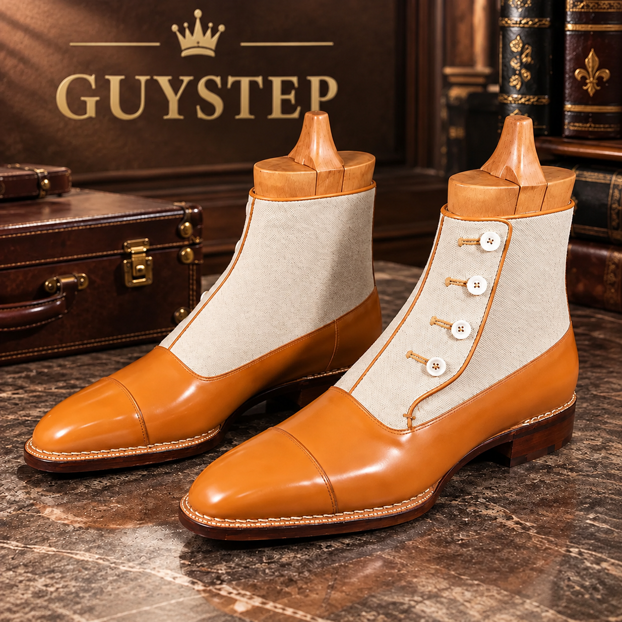 Gentleman-Shoe Vintage Two-Tone Leather & Canvas Button Ankle Boots