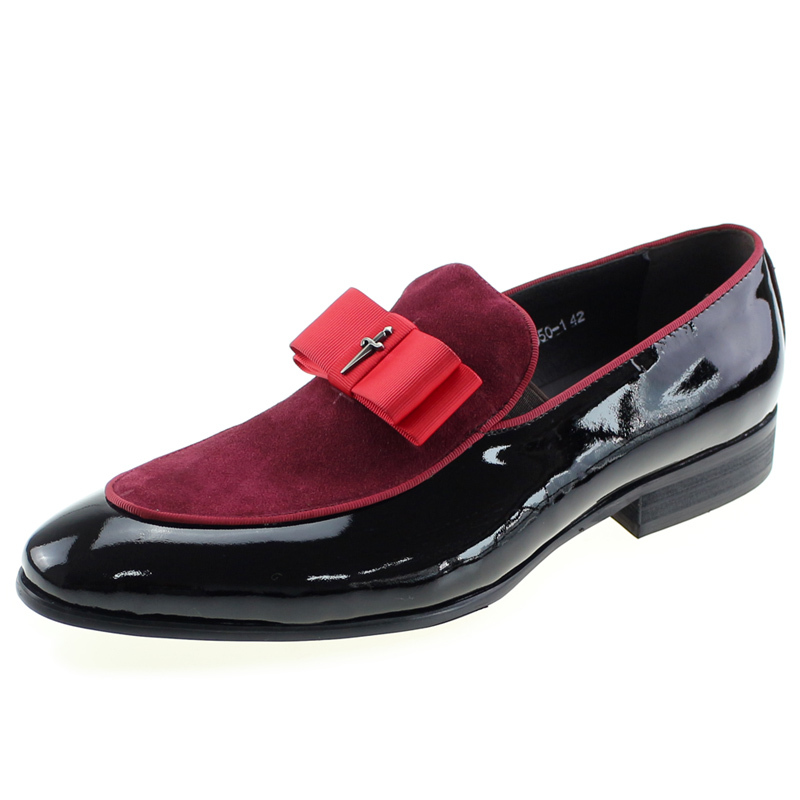 Handmade Genuine Patent Leather And Nubuck Leather Patchwork With Bow Tie Men Wedding Dress Shoes