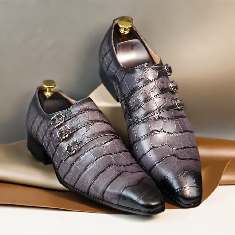 Classic Grey Side Buckle Leather Shoes