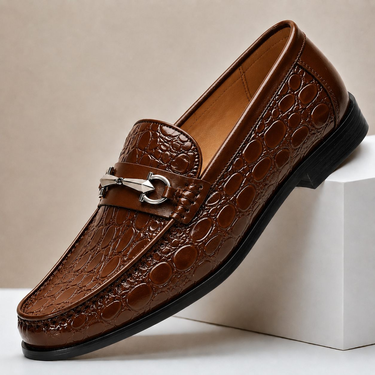 Men’s Genuine Leather Crocodile-Embossed Horsebit Loafers – Multiple Colors