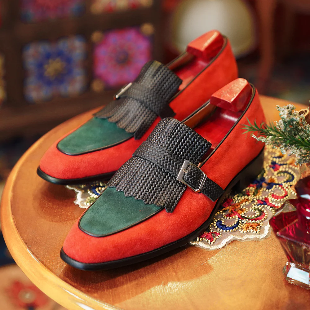 Men's handmade genuine leather woven buckle tassel loafers