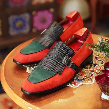 Men's handmade genuine leather woven buckle tassel loafers