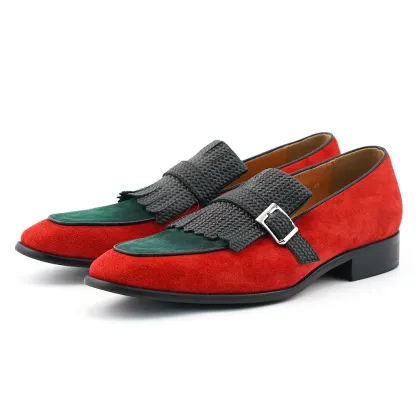 Men's handmade genuine leather woven buckle tassel loafers