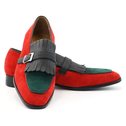 Men's handmade genuine leather woven buckle tassel loafers