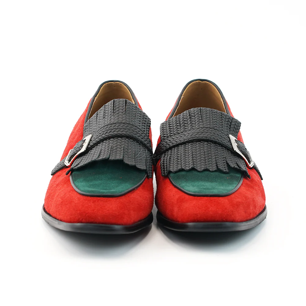 Men's handmade genuine leather woven buckle tassel loafers