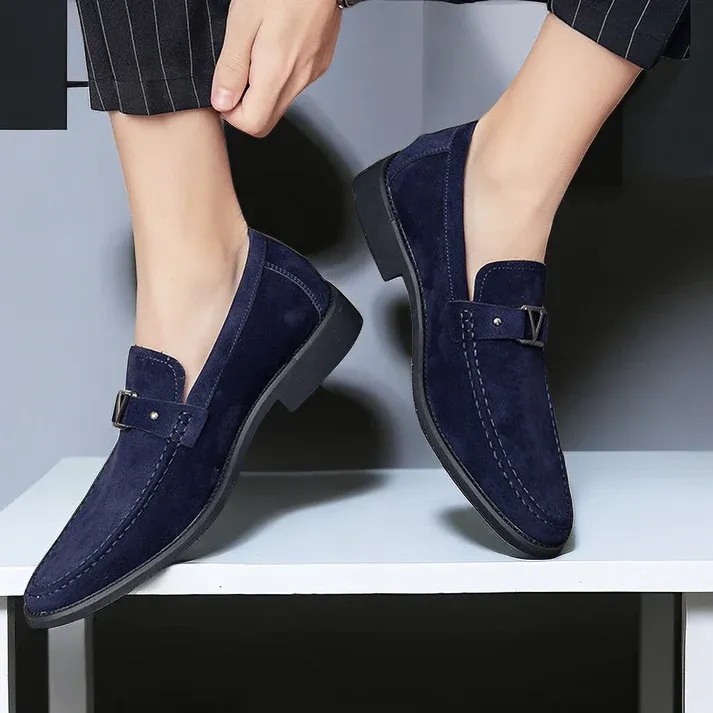 Stylish Navy Blue Loafers with Metallic Buckle Design