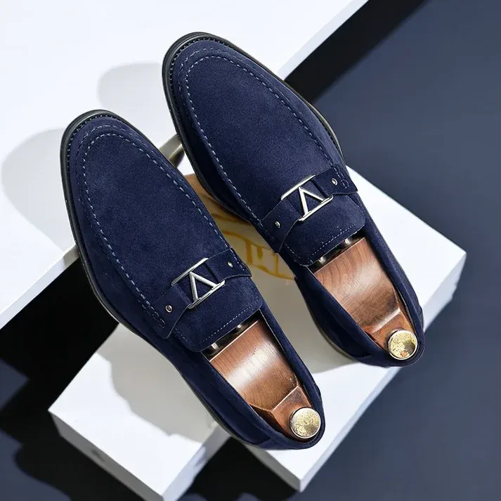 Stylish Navy Blue Loafers with Metallic Buckle Design
