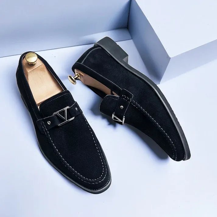Stylish Navy Blue Loafers with Metallic Buckle Design