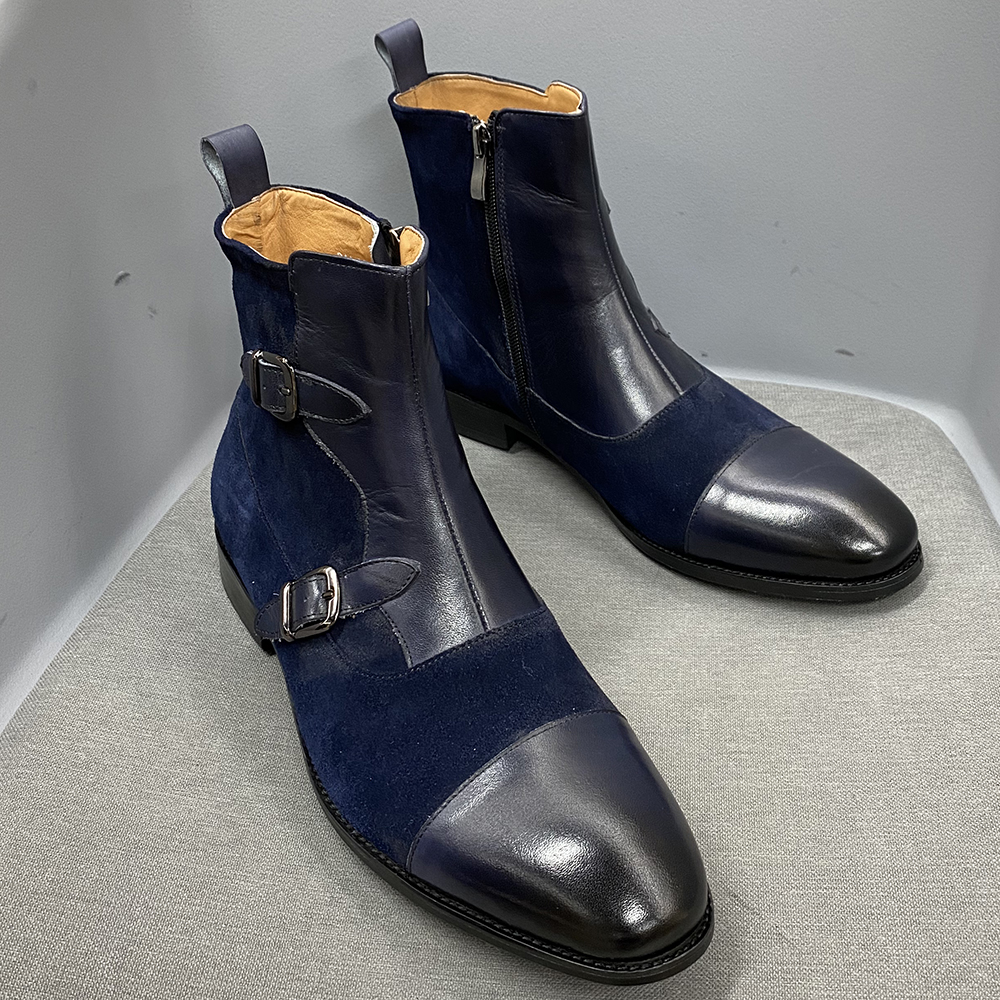 Men's Black Suede & Leather Double-Buckle Chelsea Boots - Sleek Formal Casual Ankle Boots