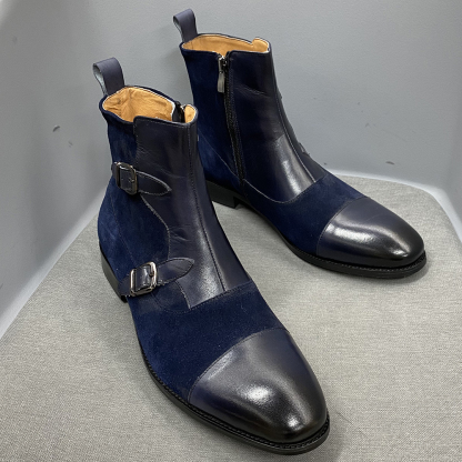 Men's Black Suede & Leather Double-Buckle Chelsea Boots - Sleek Formal Casual Ankle Boots