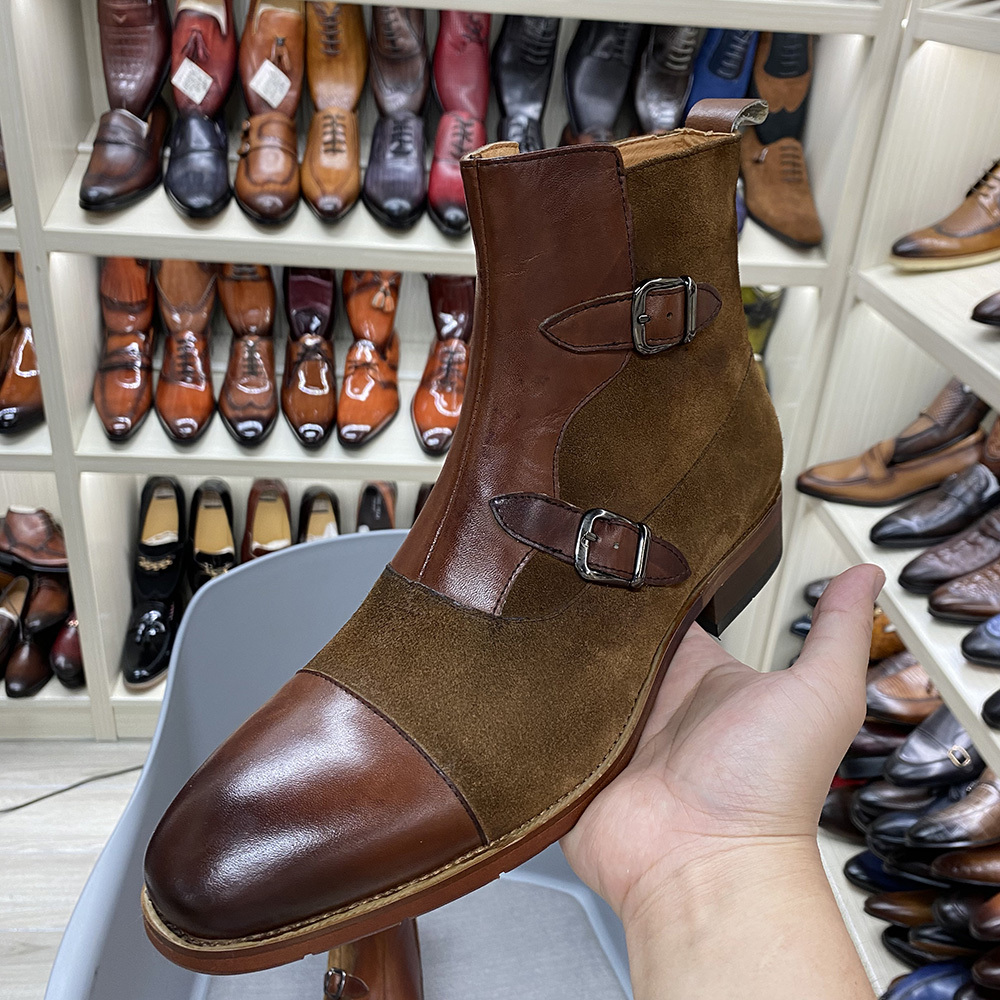 Men's Black Suede & Leather Double-Buckle Chelsea Boots - Sleek Formal Casual Ankle Boots