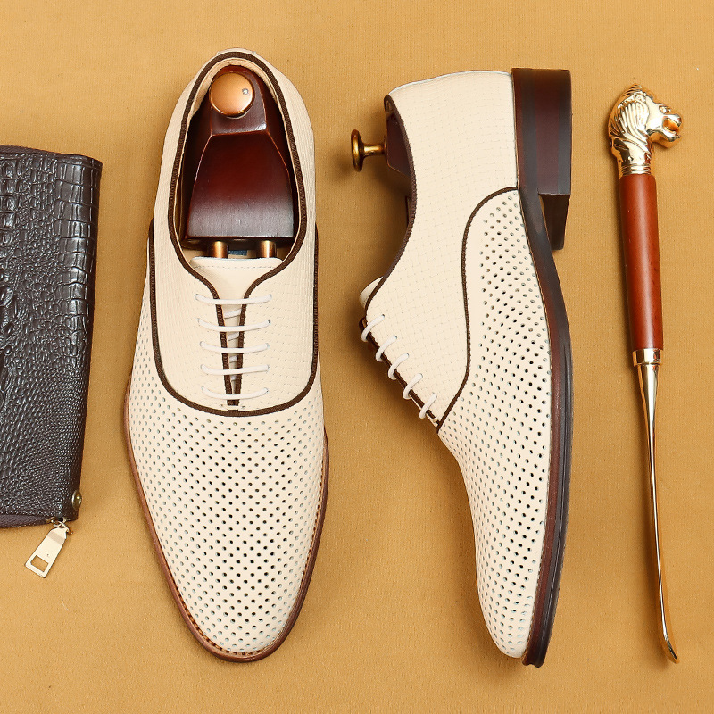 Men's Perforated Leather Dress Shoes - White, Brown, Black