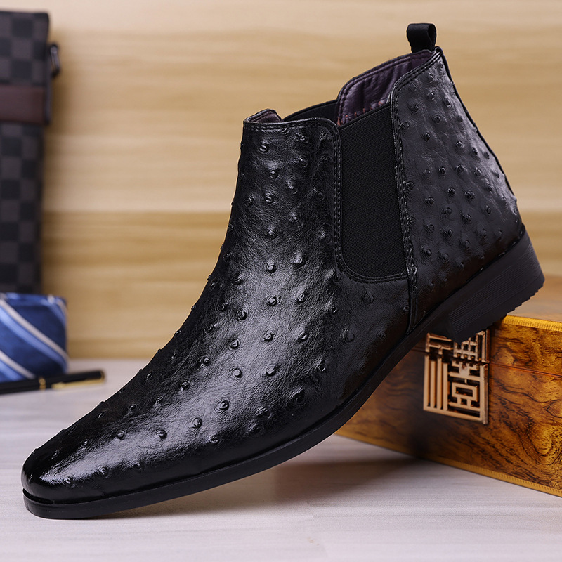 Men's Plus Size Embroidered Ostrich Print Mid-Calf Boots