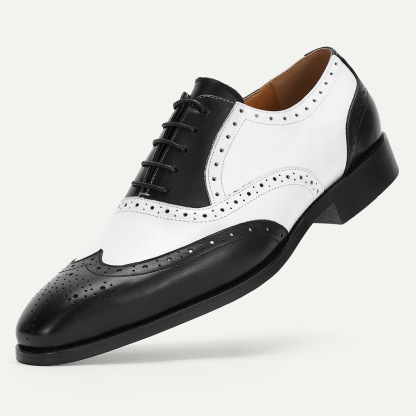 Premium Leather Men’s Brogue-Carved Black & White Color-Blocking Oxford Shoes