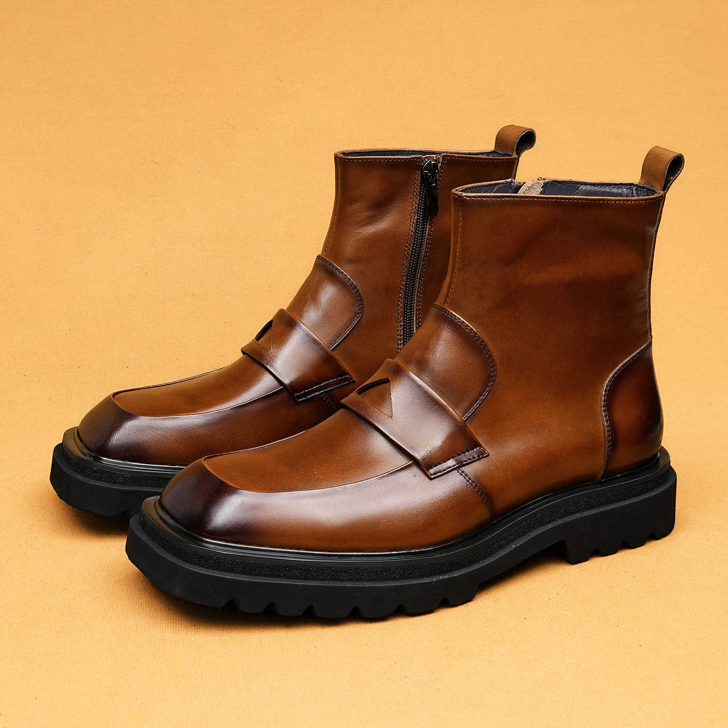 Men's Leather Ankle Boots in Black and Brown with Chunky Soles