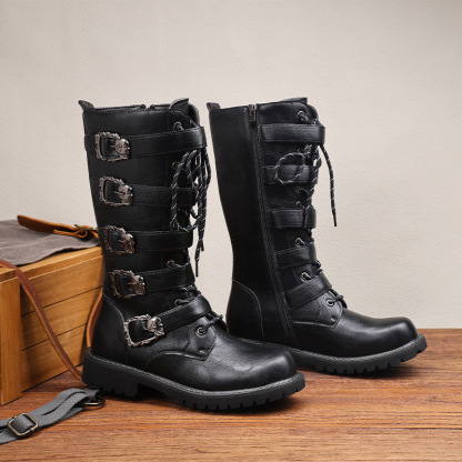 Men's black buckled motorcycle boots