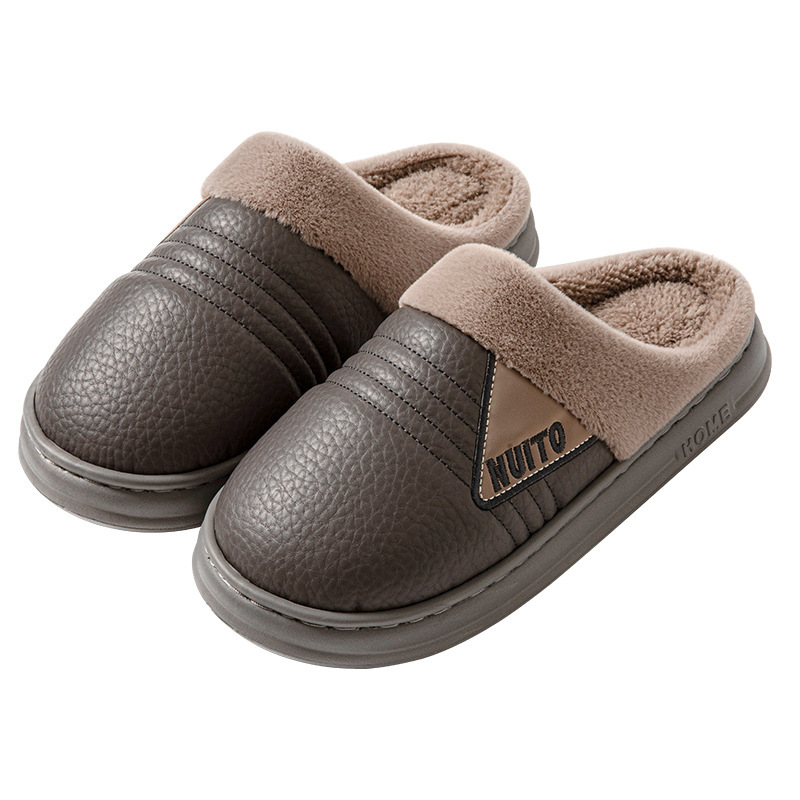 2024 new men's PU leather cotton slippers for winter home indoor warm non-slip plus velvet cotton shoes EVA bottom