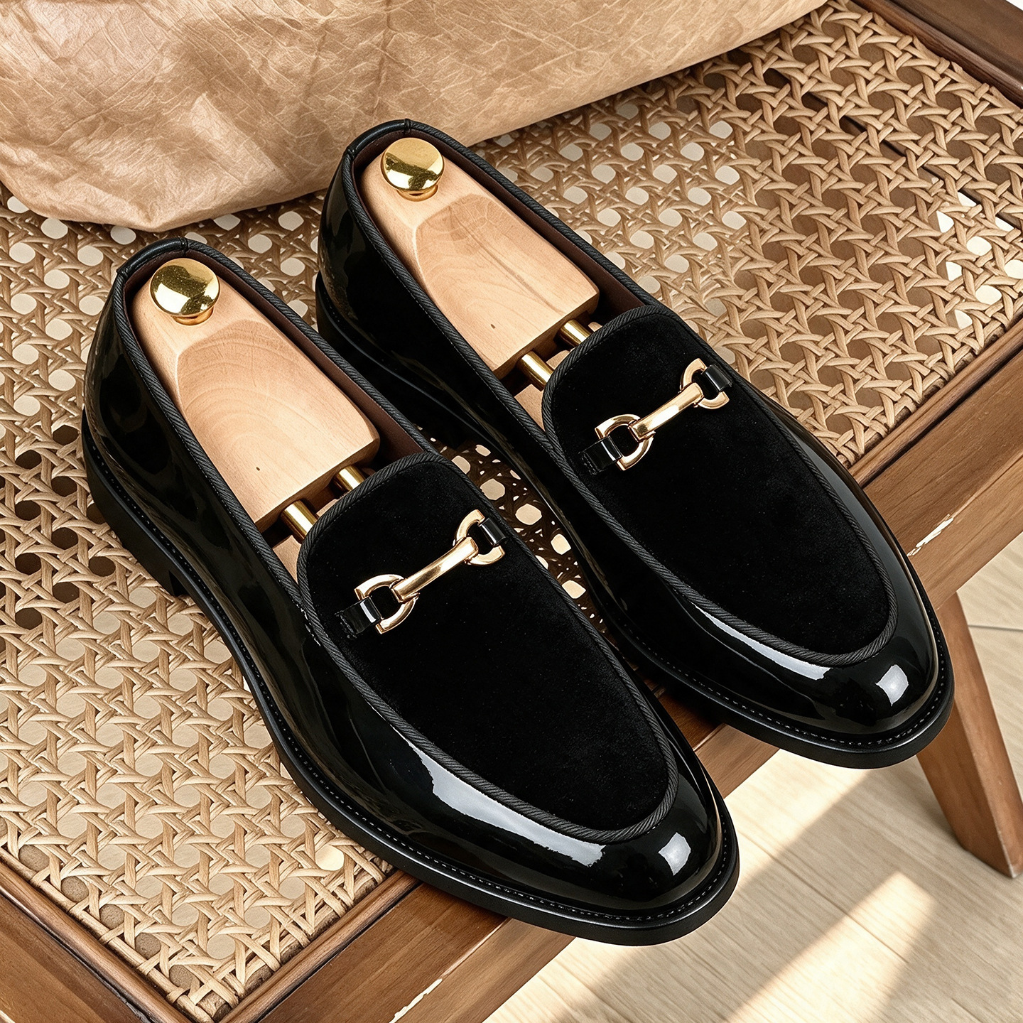 Men’s Velvet & Patent Leather Loafers | Gold Horsebit Ornament Slip‑On Luxury Dress Shoes