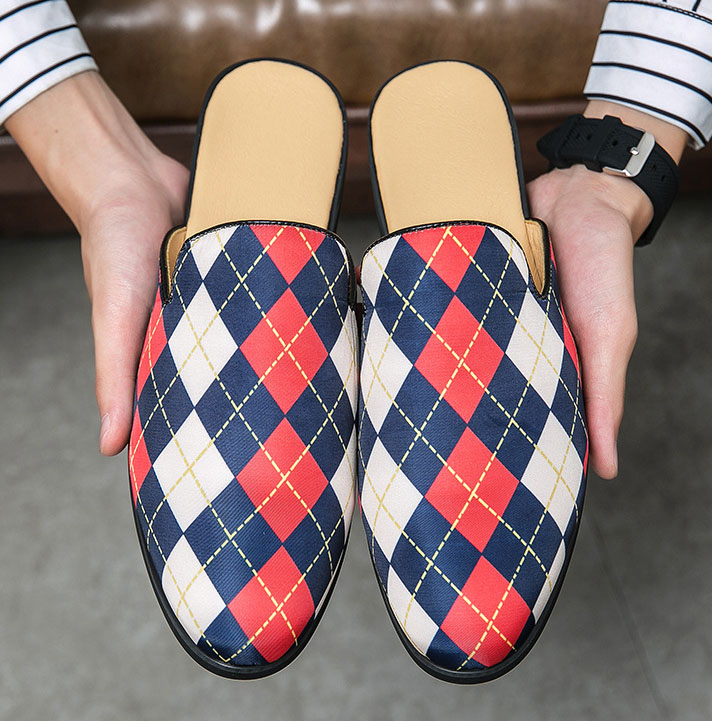 Large size men's colorblock plaid half slippers