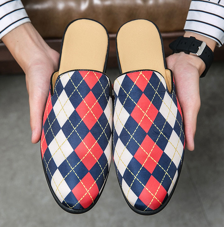 Large size men's colorblock plaid half slippers