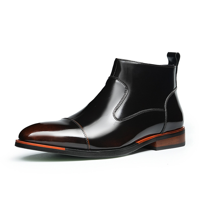 Glossy side zipper casual high-top genuine leather shoes