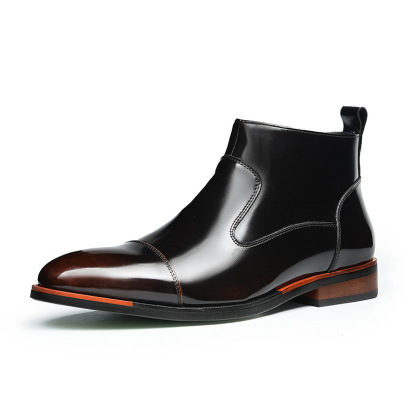 Glossy side zipper casual high-top genuine leather shoes