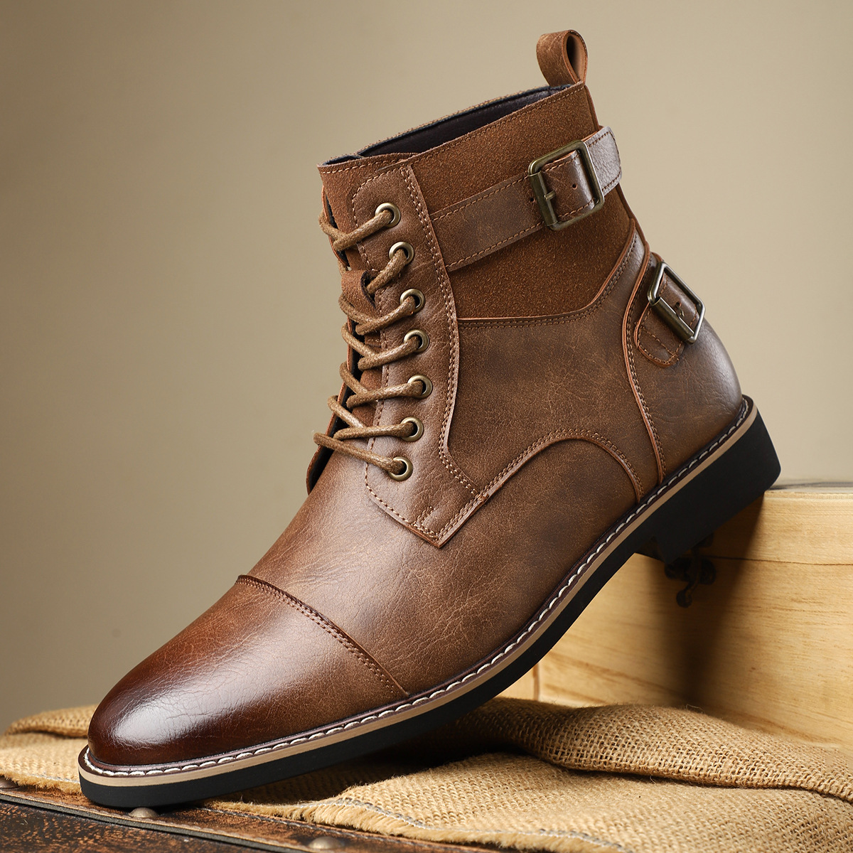 2024 new British style men's casual Martin boots non-slip retro mid-cut pointed leather boots sleeve work boots