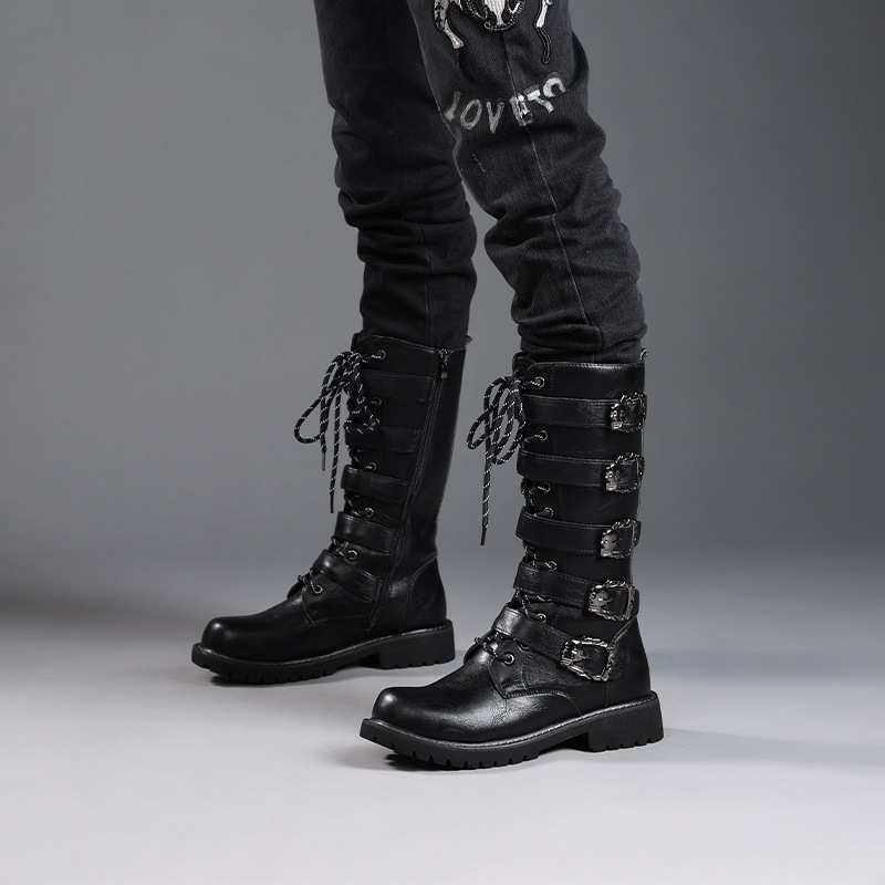 Men's black buckled motorcycle boots